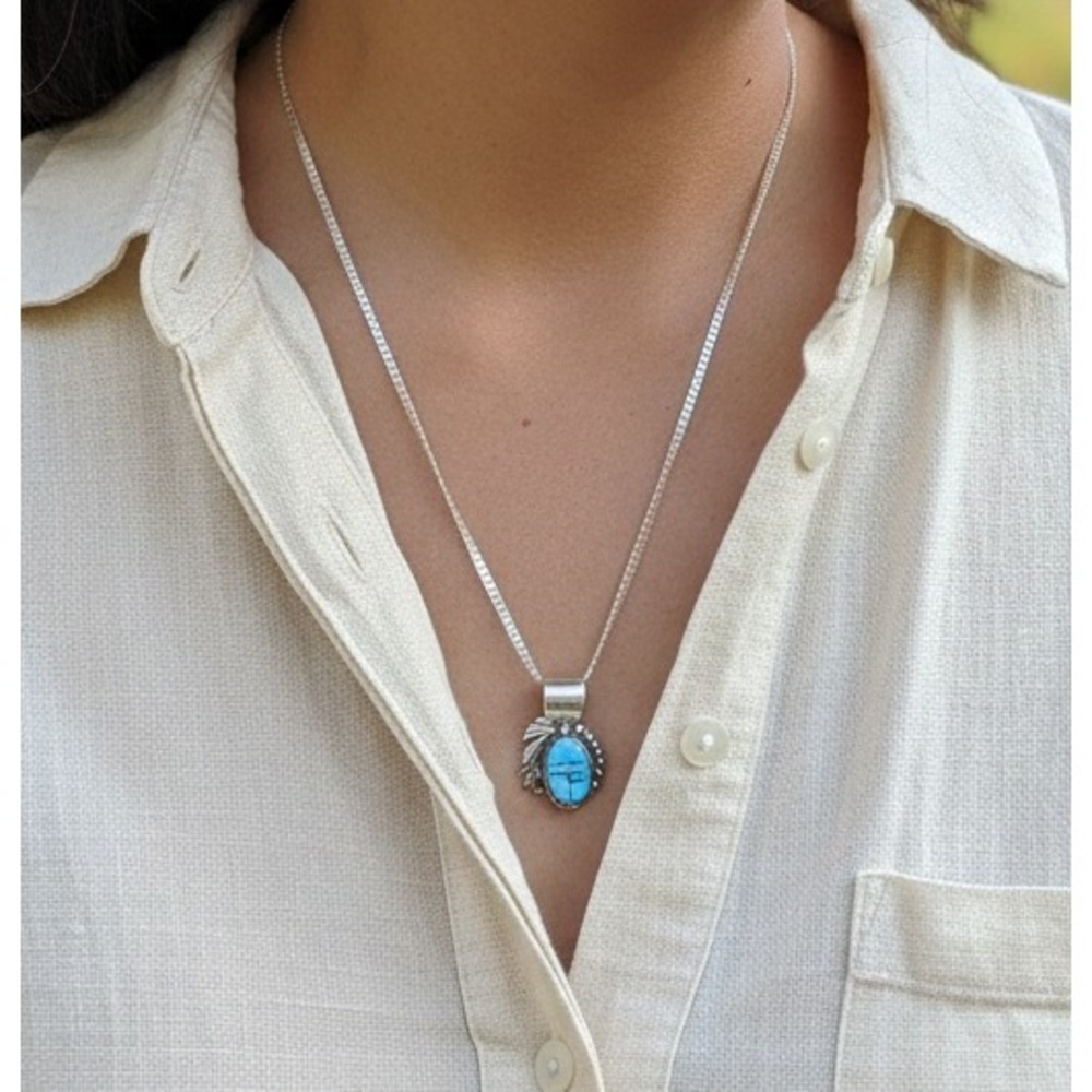 Navajo Turquoise Mosaic Inlay Pendant Jerome Yazzie Mariner‎ Chain 18" Jewelry**